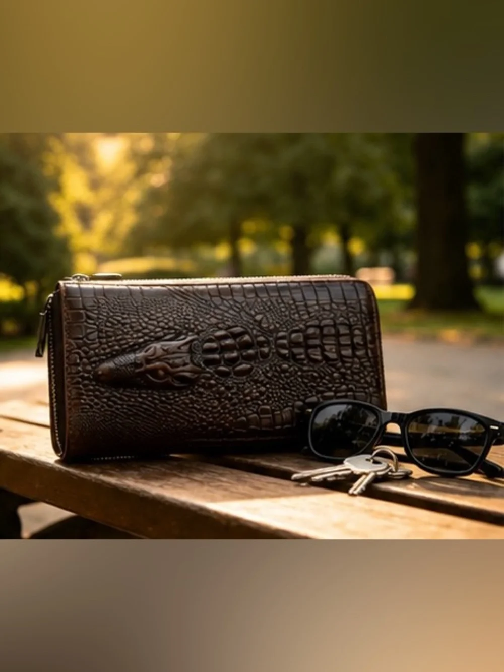 Brown Crocodile Embossed Zip Around Long Wallet Statement Clutch